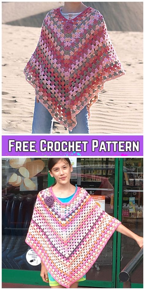 Crochet Little Sophie Granny Stitch Poncho Free Crochet Pattern Granny Stitch Poncho, Girls Poncho Crochet Pattern, Kids Poncho Pattern, Crochet Poncho Patterns Kids, Crochet Poncho Kids, Crochet Granny Stitch, Crochet Baby Poncho, Poncho Au Crochet, Repetitive Pattern