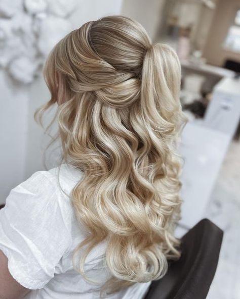 KAREN | WEDDING HAIR BERKSHIRE on Instagram: "HALF UP/DOWN | Flipped ponytail  • My favourite half up style & most requested!  Do we like or love it? Xx  . . . . . . . #Weddinghairstyle #weddinghairstyles #weddinghairstylist #weddinghairdresser #weddinghairinspo #weddingglam #bridesmaidhair #bridehairstyle #bridegoals #brideinspiration #brideinspo #weddinghairideas #surreywedding #berkshirewedding #hampshirewedding #weddingtips #weddingstyling #weddingstyles #weddingservice #classicbride #elegantbride #ka_brides #bohobrides #bridalhairstylist #bridalhairstyles #hairupdo #hairupdos #beautifulhairstyle #weddinghairdo #brideshair" Blonde Hair Wedding Styles Half Up, Wedding Hair Bride Half Up, Bride Wedding Hair Half Up Half Down, Half Up Half Down Ponytail Wedding Hair, Half Ponytail Hairstyles Wedding, Bridal Half Up Hair, Bridal Hair Ponytail With Veil, Half Up Ponytail Wedding, Bride Half Up Half Down