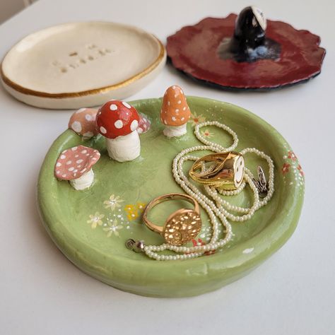 Cute Clay Mushroom, Mushroom Clay, Ceramic Trays, Forest Ring, Clay Dish, Clay Mushroom, Ceramic Jewelry Dish, Ceramic Mushroom, Painted Ceramic Plates