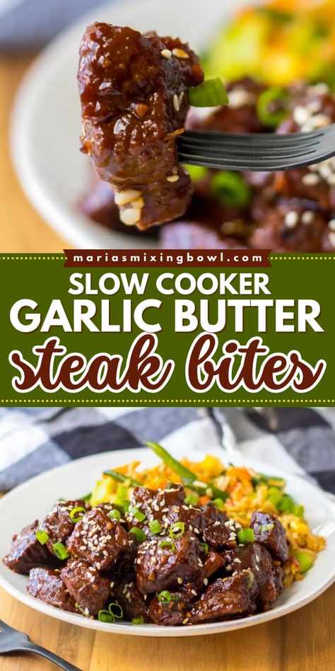 Try this easy slow cooker recipe for garlic butter steak bites! With tender, juicy stew beef and mushrooms in a rich, buttery honey garlic sauce, this crockpot dish is delicious. Save this simple dinner idea! Garlic Butter Steak Tips Crock Pot, Slow Cooker Beef Chunks Recipes, Steak Bites Recipes Crockpot, Slow Cook Steak Bites, Steak Bits Crockpot, Steak Tips Crock Pot Crockpot, Beef Dinner Recipes Slow Cooker, Easy Dinners With Steak, Garlic Butter Steak Bites Crockpot Stew Meat