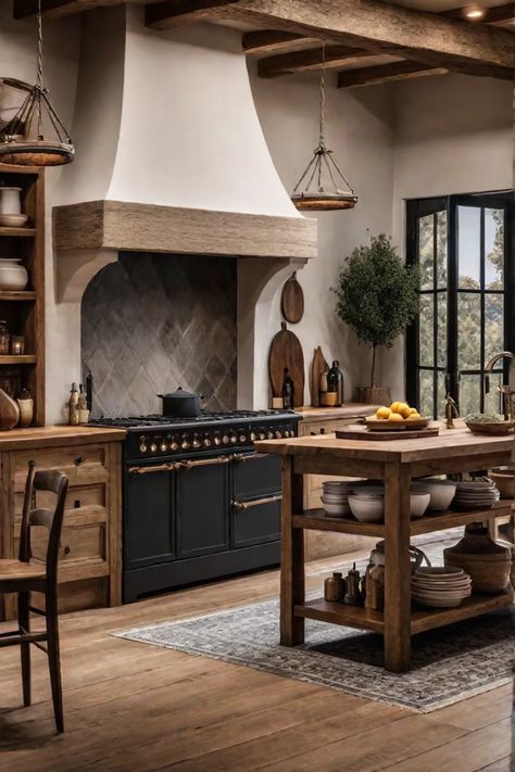 Warm and inviting French country kitchen with rustic elements Belgian Style Kitchen, French Range Hoods, French Country Wood Kitchen Island, French Eclectic Kitchen, Rustic Wood Range Hood, French Countryside Kitchen Rustic, Limestone Hood Kitchen, European Farmhouse Kitchen Inspiration, Tudor House Kitchen