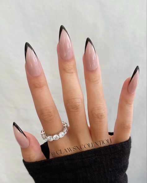 Posted by Zoe Scott. . I'm stepping into the chic universe of long French tip nails today, a realm where elegance is timeless and style knows no bounds. I'm set to explore a... Classy Black French Nails, Angled French Tip Nails Almond, Almond Triangle French Tip Nails, Black V French Tip Nails Almond, French Manicure Pointy Nails, Think French Tip Nails Almond, Deep V French Tip Nails Almond, V French Almond Nails, Elegant Almond Nails Classy Black