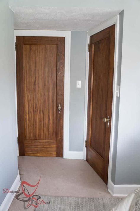 Wood Door With Painted Trim, Refinish Doors Wood, Refinishing Interior Wood Doors, Refinish Wood Door, Staining Hollow Core Interior Doors, Staining Interior Doors, Stained Doors White Trim, Hollow Core Door Makeover Diy, Stained Interior Doors