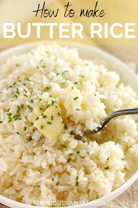 This butter rice recipe is a quick and easy to take your boring white rice game to another level! With only a few extra ingredients like garlic powder and stock and 30 seconds more you can be eating buttery seasoned rice instead of plain ordinary boiled white rice. Butter rice is the best side dish for an easy weeknight dinner. Buttered White Rice, Seasonings For White Rice, Buttery Rice Recipes, Seasoning White Rice, Butter Rice In Rice Cooker, Flavorful White Rice, White Rice Seasoning Ideas, Baked Butter Rice, How To Season White Rice