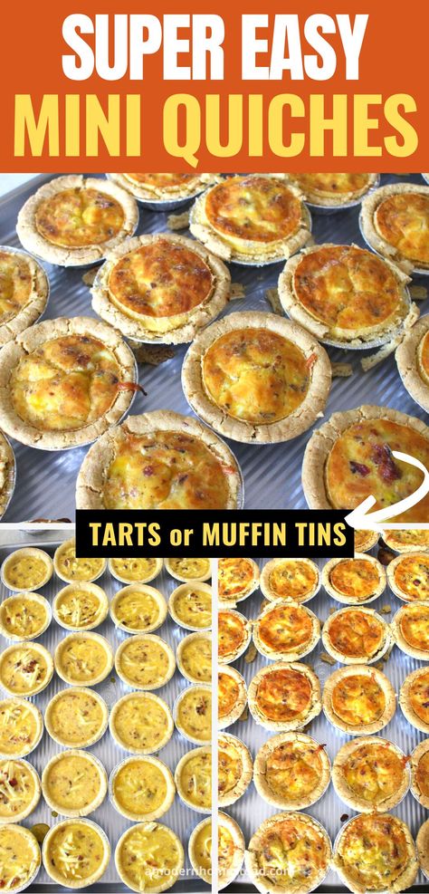 mini quiches on a baking tray before and after baking Easy Mini Egg Quiches, Breakfast Mini Pies, Ham And Cheese Mini Quiche Tarts, Mini Cheese Quiche, How To Make Mini Quiche, Pillsbury Mini Pie Crust Quiche, Homemade Mini Quiche, Recipes Using Mini Pie Shells, Recipes With Mini Pie Crust