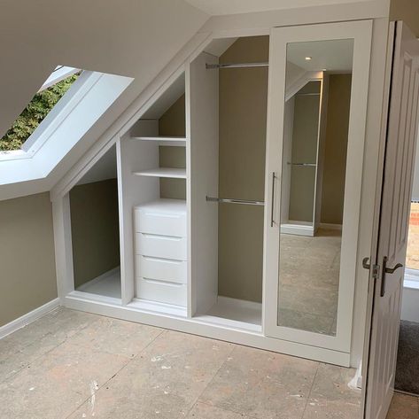 2 walls of fitted wardrobes installed this week to this newly converted loft bedroom in Shortlands, Kent (doors to follow) #loft… | Instagram Built In Wardrobe Ideas Loft Room, Small Loft Walk In Wardrobe, Annex Bedroom Ideas, Bedroom With Eaves, Loft Room Ideas Bedrooms, Storage Bedroom Ideas, Eaves Wardrobe, Loft Bedroom Decor, Converted Loft