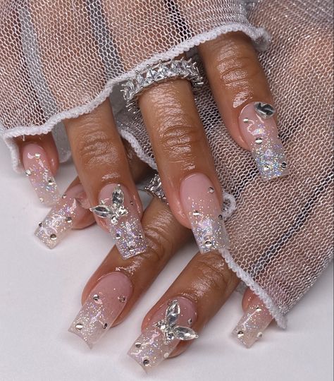 Sparkle Square Nails, Blinged Out Nails Rhinestones, Blinged Out Nails, Nails Rhinestones, Long Natural Nails, Ombré Nails, Aesthetic Nails, Casual Nails, Pretty Gel Nails