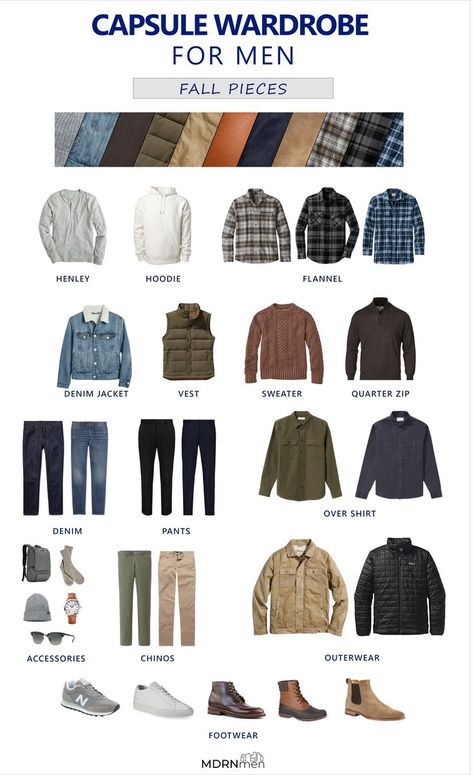 Capsule Wardrobe - Fall Mens Capsule Wardrobe Fall Winter, Men’s Outfit Ideas Fall, Basic Closet Essentials Men, Men’s Autumn Capsule Wardrobe, Men’s Capsule Wardrobe Winter, Mens Time Capsule Wardrobe, Types Of Mens Styles, Mens Winter Capsule Wardrobe 2022, Mens Capsule Wardrobe Rugged