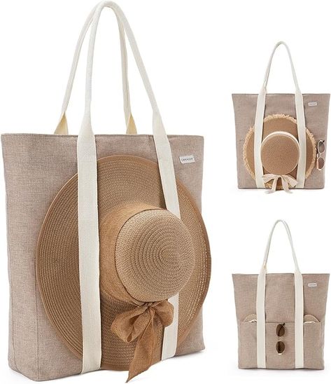 Amazon.com | Caracaleap Large Beach Tote Bag with Zipper - Travel Tote Bag for Women with Sun Hat Holder Strap- Vacation Beach Bag Hat Holding Boho Summer Beach Tote | Travel Totes Canvas Bag Diy, Hat Holder, Beach Tote Bag, Stylish Tote Bag, Denim Tote Bags, Travel Tote Bag, Denim Tote, Sell Online, Vacation Beach