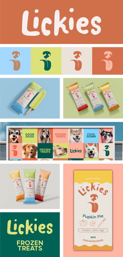 Lickies is a fictional frozen dog treat brand serving up good dogs with ten delicious flavors! I created the colorful, fun branding, including the logo, logo variations, and other brand assets, such as illustrations, the colour palette, patterns, the ice cream/treat packaging design, and a banner design. It includes modern, funky touches with wavy and organic shapes and natural colors. Dog Treat Branding, Pet Food Branding, Pet Branding Design, Pet Shop Logo Design, Dog Treat Packaging, Pet Packaging, Dog Candy, Pattern Packaging, Treat Packaging