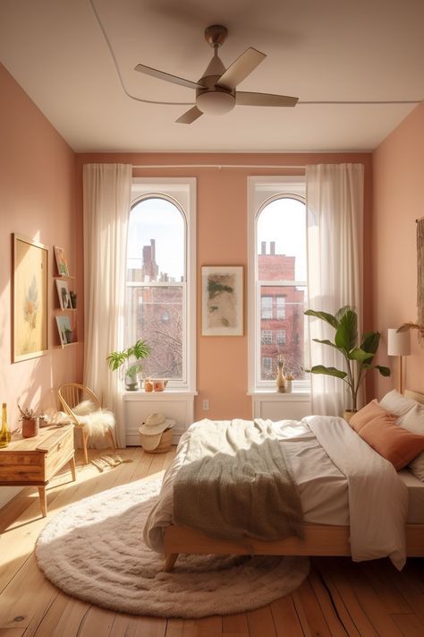 100+ Gorgeous Pastel Colored Rooms to Inspire your Decor - Days Inspired Peach Color Bedroom Ideas Wall, Peach Wall Bedroom Ideas, Peach Walls Bedroom Decor, Flattering Peach Sherwin Williams, Salmon Room Bedrooms, Bedroom With Peach Walls, Muted Colour Bedroom, Ochre And Pink Colour Palette, Pale Peach Bedroom