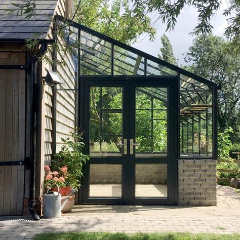 Greenhouse Kitchen Conservatory, Kitchen With Greenhouse Attached, Lean To Solarium, Greenhouse Addition To House Farmhouse, Greenhouse Between House And Garage, Greenhouse Add On To House, Side Of Garage Greenhouse, House Attached Greenhouse, Greenhouse On House