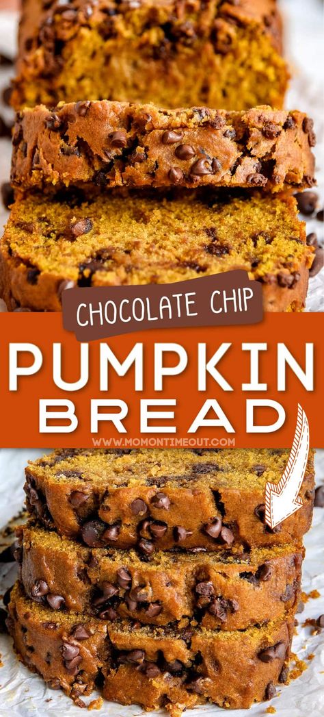 This Homemade Pumpkin Bread is extra delicious, supremely moist, and bursting with fall flavors! So easy to make and a guaranteed hit with friends and family this holiday season. Bonus: No mixer needed! This easy pumpkin chocolate chip bread recipe is sure to become a new family favorite. // Mom On Timeout #pumpkinbread #pumpkin #bread #chocolate #fall #thanksgiving #baking #recipes Thermal Cooking, Bread Pumpkin, Bread Chocolate, Pumpkin Bread Easy, Chocolate Chip Bread, Fall Baking Recipes, Pumpkin Chocolate Chip Bread, Thanksgiving Menu Ideas, Pumpkin Chocolate Chip