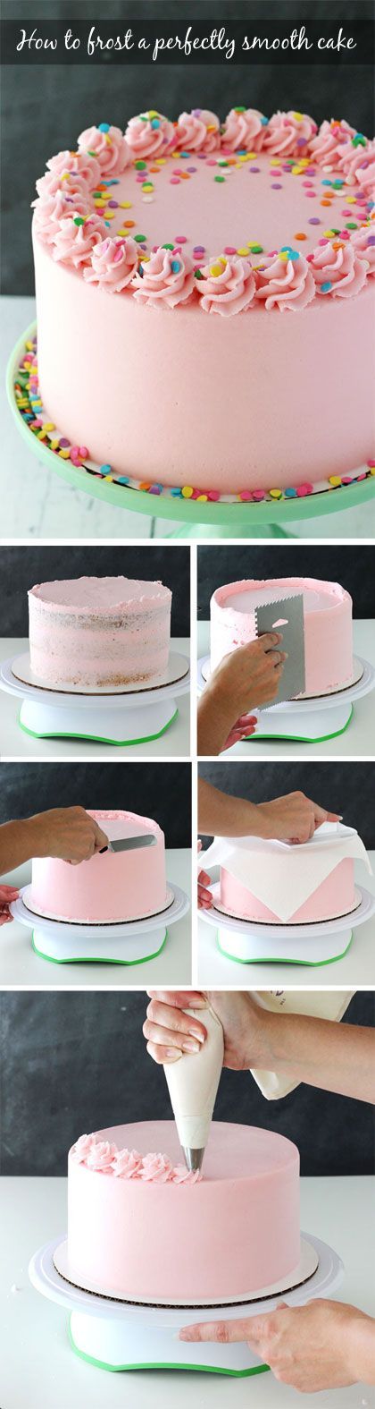 Tutorial for how to frost a perfectly smooth cake with buttercream icing! Images and animated gifs with detailed instructions! 2 Tiered Cake Ideas, Cake Board Ideas, Cake Decorating Ideas Simple, Butter Icing Cake, Wilton 1m, Cakes Beautiful, Smooth Buttercream, Smooth Icing, Cake Tips