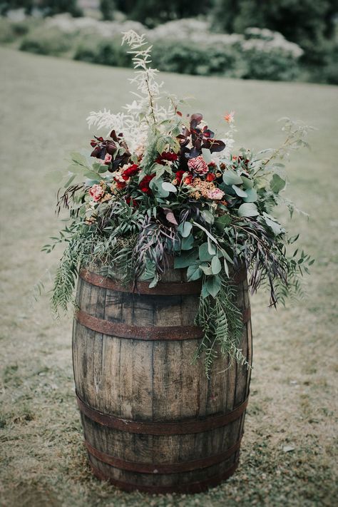 Wine barrels with lush florals as a dramatic entrance for the ceremony aisle Whisky Barrel Wedding Decor, Wine Barrel Wedding Decor, Barrel Wedding Decor, Wine Barrel Wedding, Barrel Flowers, Barrel Wedding, Dramatic Entrance, Ceremony Aisle, Theme Nature