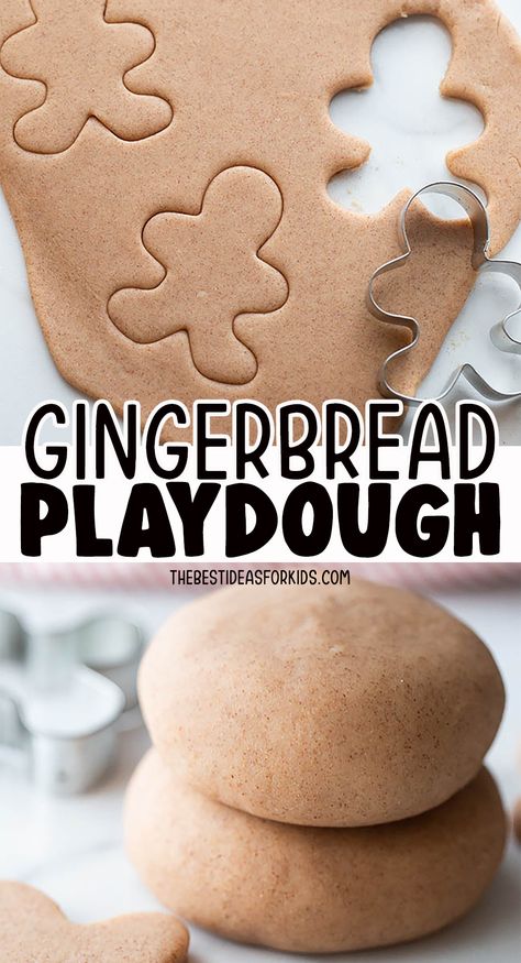 Ginger Bread Dough Recipe, Preschool Christmas Theme Ideas, Fall Playdough Recipes, Gingerbread Ideas For Kids, Gingerbread Crafts Toddlers, Gingerbread Activities For Infants, Gluten Free Play Dough Recipe, Homemade Christmas Playdough, Christmas Playdough Recipe