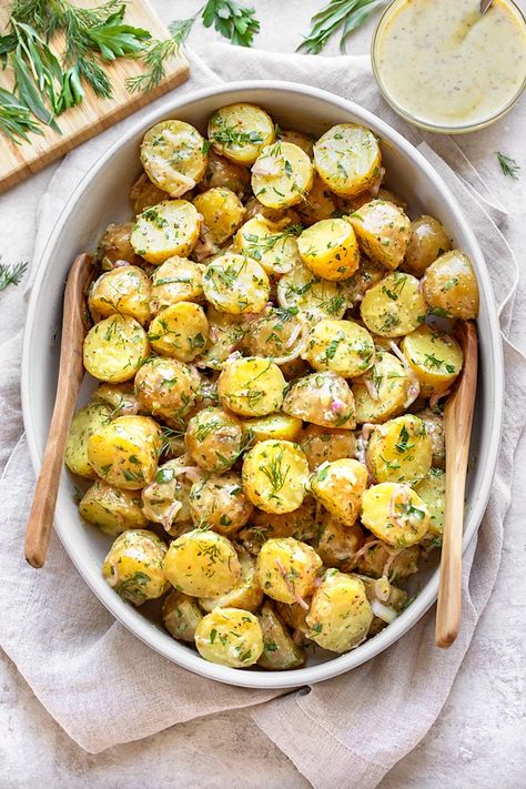 This savory French potato salad with fresh herbs and shallots is a light and vibrant pick, dressed in a mustard vinaigrette instead of mayo! | thecozyapron.com #frenchpotatosalad #frenchpotatosaladrecipe #frenchpotatosaladwithtarragon #frenchpotatosaladdressing #frenchpotatosaladnomayo Baby Yellow Potatoes, Christmas Lunch Recipes, Savory Potato Salad, Salad With Fresh Herbs, Deli Style Sandwiches, French Potato Salad, Salad Meals, Loaded Baked Potato Salad, French Potatoes