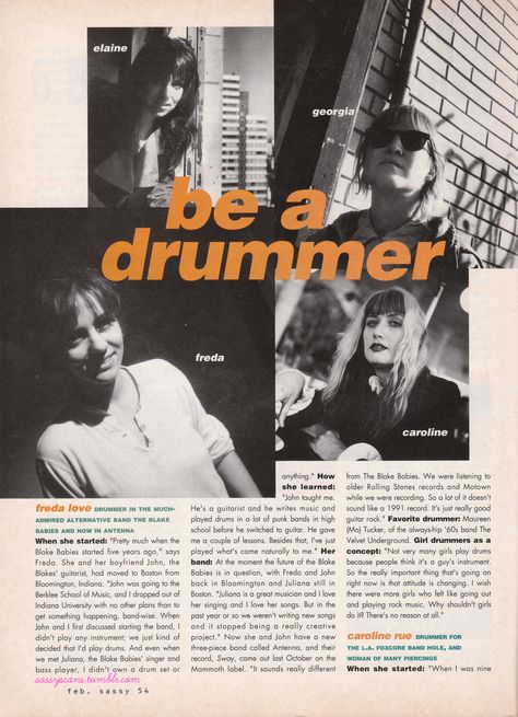 Drummer article from Sassy Magazine, 1992 Magazine Article Ideas, Culture Magazine, Article Layout, Magazine Article Design, 90s Magazine Layout, Music Magazine, Magazine Article, Magazine Article Layout, 90s Magazine Layout Graphic Design