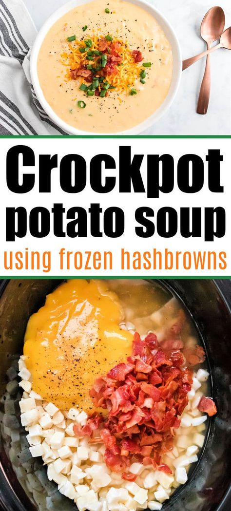 Creamy Crockpot potato soup with frozen hashbrowns is a cheap dinner with tons of flavor. Top with bacon and cheese for a killer meal. #crockpotpotatosoup #potatosoup #slowcookerpotatosoup Crockpot Potato Cheese Soup, Potato Soup With Frozen Hashbrowns, Potato Cheese Soup, Potato Soup Crock Pot Easy, Crockpot Potato Soup, Food For Lunch, Crockpot Potato, Slow Cooker Potato Soup, Frozen Hashbrowns