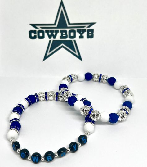 Experience awesomeness! Introducing Dallas Cowboy Football Bead Bracelets - Handcrafted Fan Accessories, available now at an amazing price of $10.00 #SportsJewelry #DallasCowboys #AcrylicBeads #StretchyBeads #SilverFiligreeBead #PolymerClayBeads #TeamSpirit #BlueWhiteSilver #TexasBracelets #FashionJewelry Cowboy Football, Dallas Cowboy, Sports Jewelry, Dallas Cowboys Football, Cowboys Football, Fan Accessories, Bead Bracelets, Polymer Clay Beads, Silver Filigree