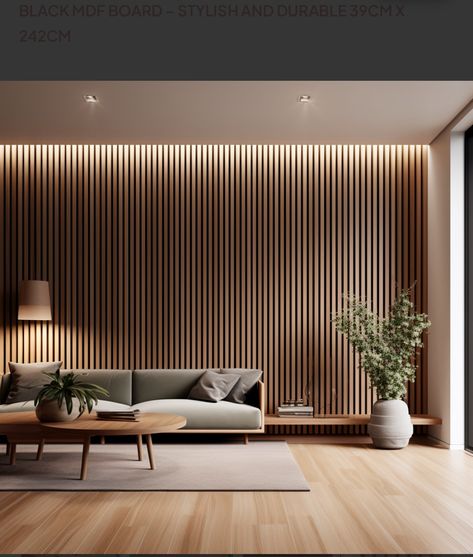 Japandi Wall Panel Design, Study Lounge Room Ideas, Scandinavian Feature Wall, Wood Slats Living Room, Ceiling Panels Ideas Living Room, Drawing Room Wall Panelling, Wood Panel Media Wall, Wood Panel Accent Wall Living Room, Acoustic Panels Living Room