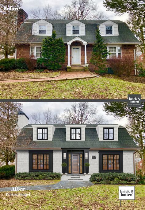 Brick House No Shutters, Dutch Colonial Exterior Before And After, Exterior Entrance, Exterior House Renovation, Bushes And Shrubs, House Flipping, House Makeovers, Exterior House Remodel, House Before And After