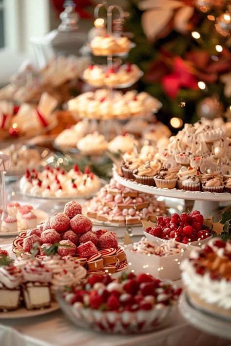 Winter Wedding Cookie Table, Christmas Wedding Food Buffet, Christmas Wedding Cookie Table, Christmas Party Food Display Ideas, Christmas Candy Buffet Ideas, Holiday Food Display Ideas, Classy Christmas Desserts, Christmas Food And Drink Ideas, Christmas Festive Food