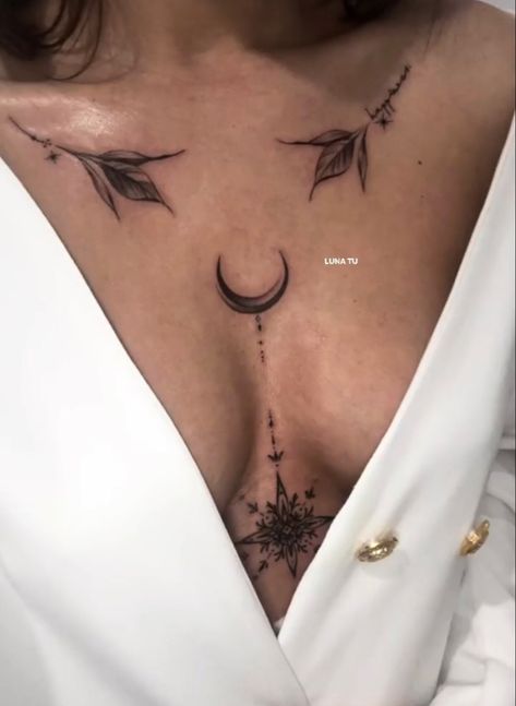 Chest Tattoos Feminine, Womens Tattoos Chest, Sternum To Chest Tattoo, Women’s Sternum Tattoo Ideas, Sternum Tattoos For Big Chested Women, Star Sternum Tattoo Women, Sternum Tattoo Large Bust, Sternum Tatoos Woman, Animal Sternum Tattoo