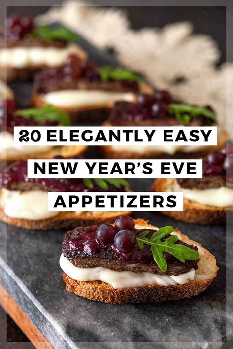 These elegantly easy New Year's Eve Appetizers are elevated and impressive, but won't take all day to prepare! Enough crispy, crunchy, sweet and savory canapés, crostini, croquets, pates, and eye-catching delights for omnivores, vegetarians and vegans too – you'll have an easy time mix and matching these beautiful hors d'oeuvres for your special affair. Elegant Cocktail Party Food Appetizers, New Years Eve Menu Ideas Dinners, Black Appetizers, Olive Appetizer Ideas, New Year’s Eve Recipes, New Year’s Eve Appetizer Ideas, High End Appetizers, Easy Fancy Appetizers, New Years Eve Menu Ideas