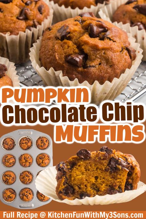 Made with pumpkin puree, pumpkin spice, and semi-sweet chocolate chips, these Pumpkin Chocolate Chip Muffins are the best of both worlds. Easy to make and ultra moist, they'll become your go-to fall muffin! Pumpkin Spice Chocolate Chip Muffins, Easy Chocolate Chip Pumpkin Muffins, Pumpkin And Chocolate Chip Muffins, Jumbo Pumpkin Chocolate Chip Muffins, Pumpkins Chocolate Chip Cookies, Pumpkin Chip Muffins, Pumpkin Pie Mix Muffins, Easy Pumpkin Muffin Recipes, Pumpkin Chocolate Chip Muffins Easy