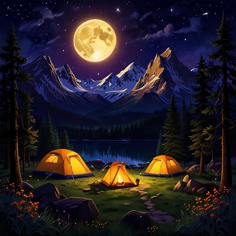 ✅ This image presents a breathtaking and serene night-time camping scene in a mountainous, forested wilderness. The focal point is a campsite with several illuminated tents set up in a grassy clearing, with a campfire burning brightly in the center. The night sky above is a stunning display, with a large, vibrant full moon casting a warm, golden glow over the entire landscape. Countless stars twinkle in the deep blue sky, adding to the sense of tranquility and wonder. Wispy clouds can be seen... Camping Display, Camping Under The Stars Aesthetic, Camping Night Photography, Tent Camping Aesthetic Night, Hiking Logo, Camping At Night Illustration, Full Moon Mountains Night, Tent Set Up, Hd Wallpaper Iphone