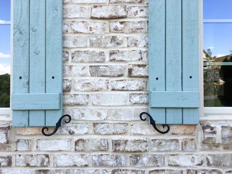 German Smear Brick Exterior, German Smear Brick, Salons Cottage, Lime Wash Brick, French Provincial Home, French Country Exterior, Provincial Home, White Wash Brick, Blue Shutters