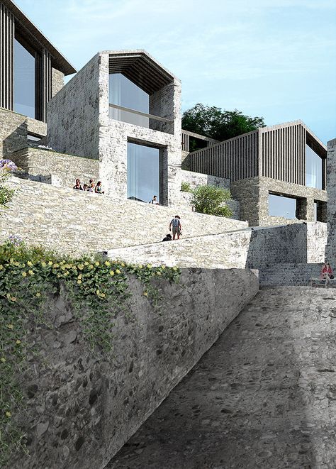 oppenheim mimics switzerland's hillside villages with lago maggiore retreat Hillside Village, Terraced Landscaping, Garden Site, Resort Architecture, Spa Retreat, Edible Landscaping, Mountain Resort, Stone Houses, Stone House