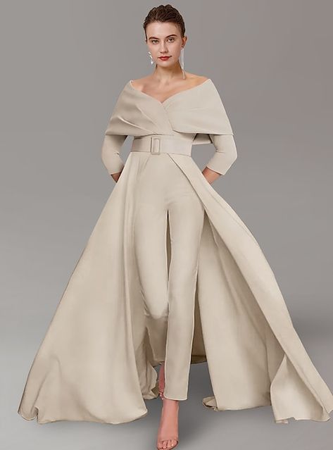 Silhouette:Jumpsuit / Pantsuit,Two Piece; Hemline / Train:Ankle Length; Closure:Zipper UP; Fully Lined:No; Built-In Bra:No; Embellishment:Sash / Ribbon; Fabric:Satin; Sleeve Length:3/4 Length Sleeve; Tips:Professional dry cleaner only,Colors may vary slightly due to different monitor settings; Boning:No; Style:Party,Elegant; Occasion:Wedding Guest,Formal; Waistline:Natural; Neckline:Scoop Neck,Off Shoulder; Listing Date:10/13/2023; Bust:; Hips:; Hollow to Floor:; Waist:; Features:Overskirts,Deta Dress Formal Wedding Guest, Two Piece Jumpsuit, Mother Of The Bride Dress, Elegant Party, Dress Formal, Formal Wedding, Bride Dress, Mother Of The Bride, Ankle Length