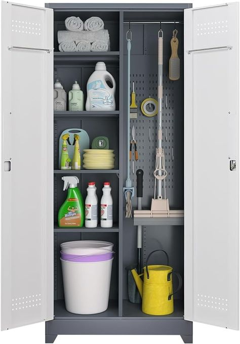 Amazon.com: IRONFFICE Broom Storage Cabinet,Metal Cleaning Closet Cabinet,Cleaning Tool Storage Cabinet,Cabinet for Cleaning Supplies with Hanging Rod & S-Hooks,Broom Closet Cabinet for Office,Garage : Home & Kitchen Hanging Brooms And Mops Ideas, Cleaning Closet Ideas, Broom Storage Cabinet, Broom Closet Organizer, Cleaning Tools Storage, Closet Storage Cabinets, Broom Storage, Cabinet Cabinet, Utility Cabinet