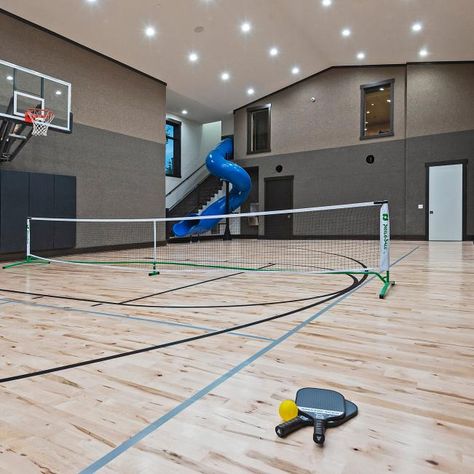 Photos | HGTV Barn Gym, Indoor Sports Court, Home Basketball Court, Unique Rooms, Sports Court, Indoor Basketball Court, Golf Simulator, Indoor Gym, Indoor Basketball