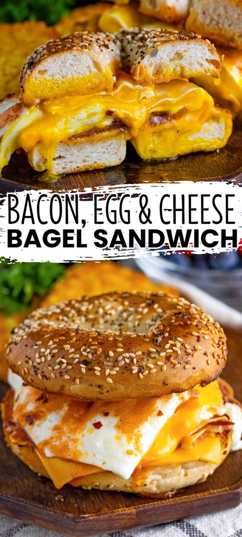 Start your day with a delicious Bacon, Egg & Cheese Bagel Breakfast Sandwich! Pick your bagel and top it with morning favorites and hot sauce! #BreadBoozeBacon #bacon #egg #cheese #bagel #breakfastsandwich #sandwich #breakfast #bunch #backtoschool #grabandgo Bagel Sandwich Vegetarian, Turkey Bacon Breakfast Sandwich, Egg Bagel Sandwich, Bagel Sandwich Recipes, Bagel Breakfast, Bacon Egg Cheese, Bread Booze Bacon, Bagel Breakfast Sandwich, Sandwich Sauces