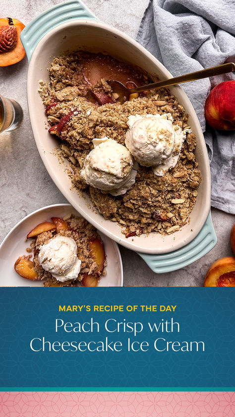 Live out your best summer peach life and make Mary's peach crisp with a no-churn cheesecake ice cream! Start your peach crisp by whisking together brown sugar, cornstarch, cinnamon, nutmeg, and ginger. Add your peaches and stir to combine. Use oats, almonds and brown sugar to make your batter, scatter the mixture over your fruit, and bake until perfect. Elevate homemade ice cream starring cream cheese, silky sweetened condensed milk, and classic vanilla to top off your cooled-down peach crisp. Mary Berg, Peach Ice Cream, Peach Crisp, Cheesecake Ice Cream, Homemade Cheesecake, Ice Cream Base, No Churn Ice Cream, Sweetened Condensed Milk, Homemade Ice