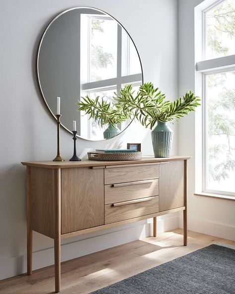 Crate and Barrel (@crateandbarrel) • Instagram photos and videos How To Decorate A Sideboard, Sideboard Decor Dining Room, Midcentury Sideboard, Sideboard Styles, Sideboard Decor, Buffet Decor, Dining Room Sideboard, Mid Century Sideboard, Taper Candle Holder