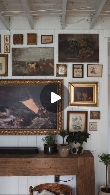 How To Set Up Pictures On The Wall, Antique Wall Art Living Room, Vintage Painting Gallery Wall, Antique Frames On Wall, Gallery Wall With Tv, Entry Gallery Wall, Frame Tv Living Room, Vintage Gallery Wall Ideas, Christine Higgs