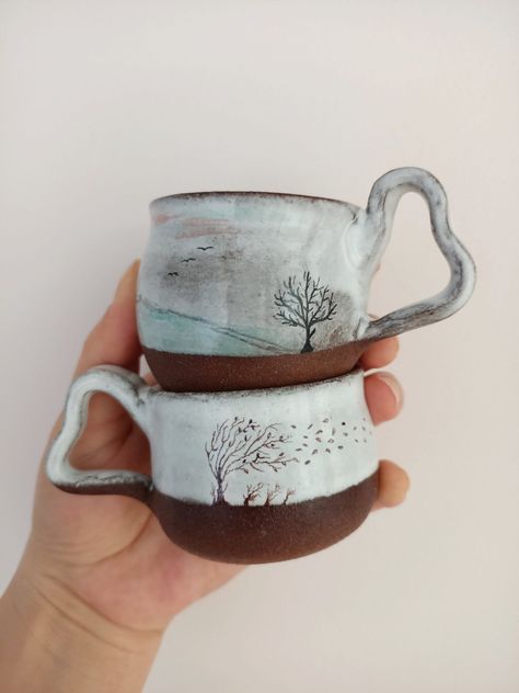 Hand drawing landscape mug, Espresso Mug, Handmade Landscape mug, Handmade Tree Mug, Rustic Mug , Handmade Espresso Mug Set, Rustic Mug Set Mug Inspiration, Espresso Cups Ceramic, Rustic Mug, Rustic Mugs, Painted Ceramic Plates, Espresso Mug, Tree Mug, Handmade Tree, Rustic Pottery