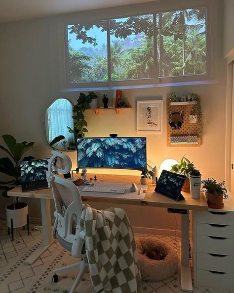 Study Room Inspo Home Office, Projector In Office, Aesthetic Desk With Monitor, Mac Desk Setup Aesthetic, Functional Desk Setup, Cozy Gaming Desk Setup, Wfh Desk Setup Aesthetic, Neutral Gaming Setup, Cute Desk Setup Aesthetic