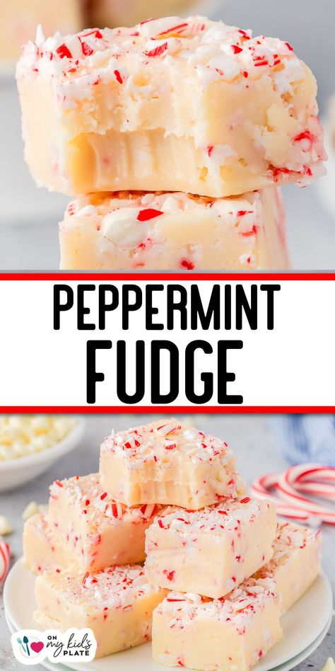 This easy and festive white chocolate peppermint fudge recipe has crushed candy canes, and is the perfect dessert to share for Christmas! Make this easy peppermint fudge recipe for Christmas gifts, party trays and all of your holiday festivities. Peppermint Fudge Easy, White Chocolate Peppermint Fudge, Christmas Fudge Recipes Easy, Chocolate Peppermint Fudge, Peppermint Fudge Recipe, Holiday Fudge, Christmas Candy Easy, Easy Christmas Candy Recipes, Snowman Ideas