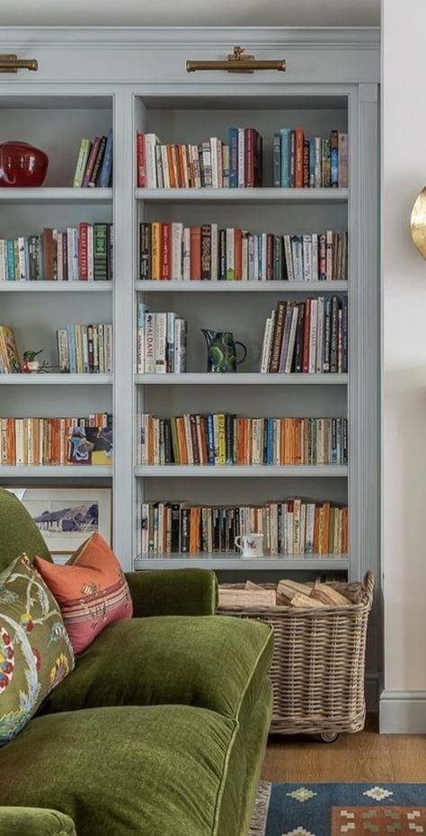 Fenching blue - proper paints Blue Builtins, Alcove Library, Blue Library Bookshelves, Book Shelves Built In, Library Room Paint Colors, Book Shelf Paint Ideas Colour, Light Blue Bookshelf, Blue Shelves Living Room, Denimes Farrow And Ball Living Room