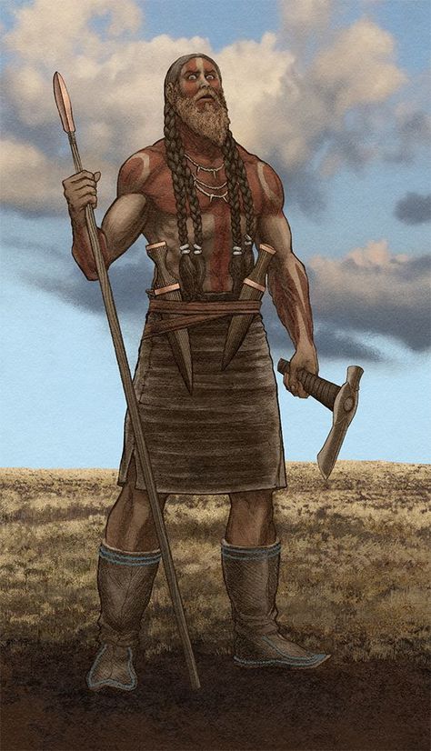 Indo-European warrior from eneolithic Ukraine's Yamnaya or Pit-Grave culture bearing bronze spear and daggers and a stone battle axe. He is wearing ochre war paint and silver hair coils. Art by Christian Sloan Hall Bronze Age Civilization, Historical Warriors, Ancient Warfare, Twitter Artist, Prehistoric Art, Can Drink, 다크 판타지, British People, Twitter Profile