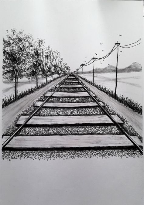 Perspective Pencil Drawing, One Point Perspective Drawing Landscapes, 1 Perspective Drawing, One Point Perspective Sketch, Prespective Sketches, Drawing With Perspective, Perspective Drawing Ideas, Two Point Perspective City, Draw In Perspective