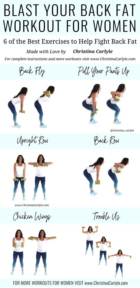 The best back Exercises with dumbbells for women that really work. Together these back exercises make a quick and easy Workout you can do at home or the gym. It's perfect for beginners and busy women that want to get rid of back fat. https://christinacarlyle.com/back-exercises-dumbbells-women/ Exercises With Dumbbells, Good Back Workouts, Workout Man, Back Fat Workout, Workout For Women, Fat Workout, Back Fat, At Home Workout Plan, Fat To Fit