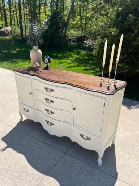 Dreamy french provincial buffet in creamy white with dark walnut stained mahogany top.  Original hardware with new velvet liner in top center drawer.  Six drawers and 2 cabinets provide tons of storage.  A beautiful addition to any room or great entryway piece. White Dresser Stained Top, French Provential Furniture, Painting Vintage Furniture, Buffet Refinishing Ideas, Old Buffet Makeover Ideas, Painted White Furniture, French Provincial Furniture Makeover, Painted Buffet Ideas, Rococo Room