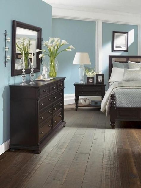 brown colors and light blue color design, modern interiors                                                                                                                                                                                 More #BedroomIdeas Dark Wood Bedroom Furniture, Dark Wood Bedroom, Dark Brown Furniture, Walls Ideas, Balinese Decor, Beautiful Bedrooms Master, Dark Wood Furniture, Painting Walls, Wood Bedroom Furniture