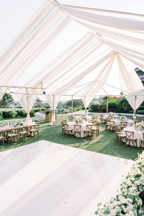 Wedding Ideas Farm Rustic, Big Tent Wedding Receptions, Tented Outdoor Wedding Ceremony, All White Wedding Reception Outdoor, Laguna Cliffs Marriott Wedding, Frame Tent Draping Wedding, Wedding Under Tent Reception Ideas, Outdoor Tented Wedding Reception, Clear Tent Wedding Dance Floor